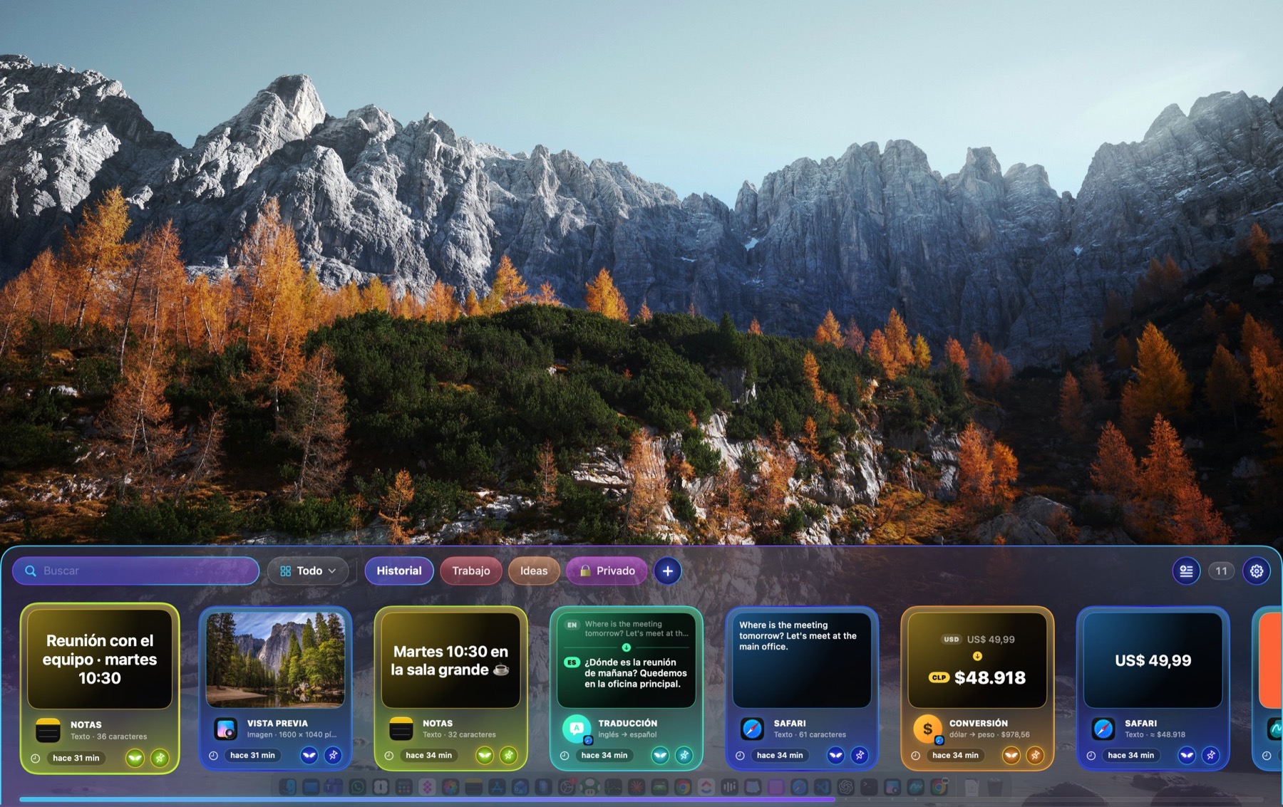 iPastefy abierto sobre un paisaje: la franja de cristal con tarjetas de notas, una foto, una traducción y una conversión de dólares